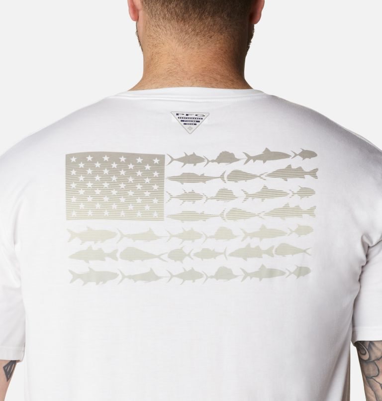 Men's Columbia PFG Fish Flag Tech Short Sleeve T Shirts White | Plus Size CA-B3685